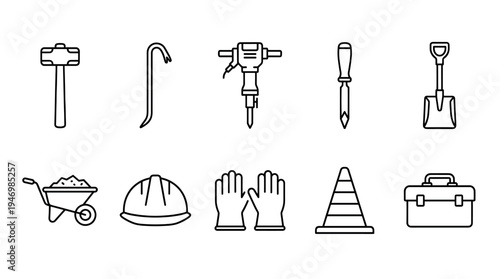 A clean, modern icon set illustrating various construction tools and safety equipment, perfect for projects related to building, renovation, and industry.