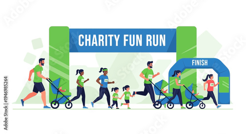 Illustration Of A Charity Fun Run Event With Diverse Participants And Families