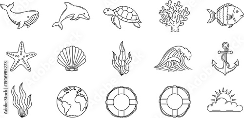 Collection of marine life and nautical elements in a simple line art style