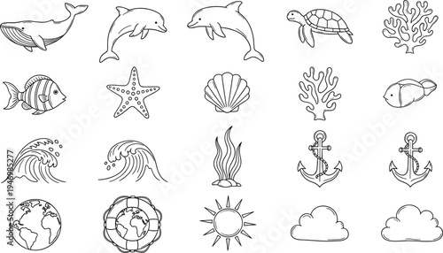 Collection of hand-drawn marine life and nautical elements in a simple outline style