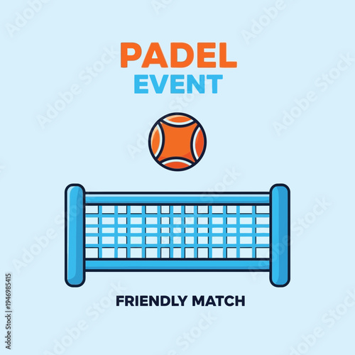 Illustration Of A Padel Event With Court, Ball, And Text On A Light Blue Background