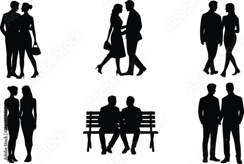 Silhouettes of diverse couples in romantic poses, walking, dancing, sitting, standing together, inclusive 