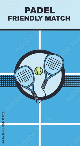 Illustration Of A Padel Friendly Match Depicting Rackets, Ball, And Court In A Circular Design