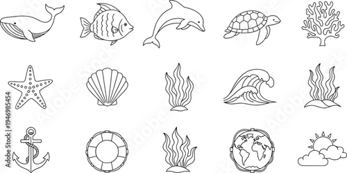 Collection of marine life and nautical icons in a simple line art style