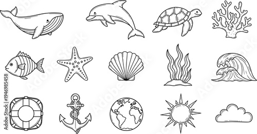 Collection of hand-drawn marine life and nautical elements in a simple outline style