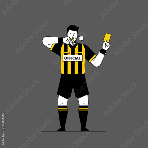 Illustration Of A Referee Blowing Whistle and Presenting Yellow Card Indicating Fouled Play