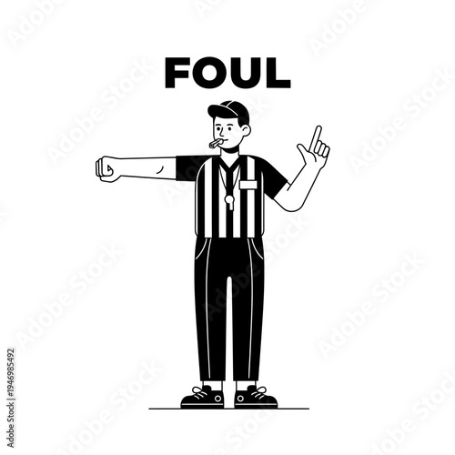 Illustration Of A Referee Signaling A Foul During A Sporting Event With A Whistle And Gesture