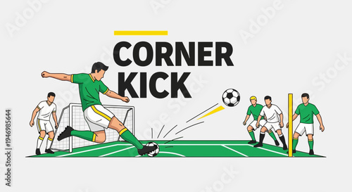 Illustration Of Corner Kick Action In Soccer Match With Dynamic Energy And Movement