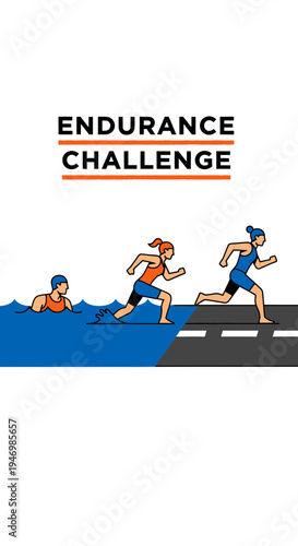 Illustration Of Endurance Challenge, Triathlon Sport Event Depicting Swim, Run, And Marathon