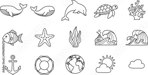 Collection of simple line art icons representing marine life and nautical elements