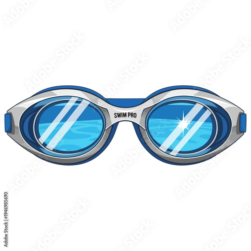 Illustration Of Stylish Blue And Silver Swimming Goggles Capturing Reflective Water Scene