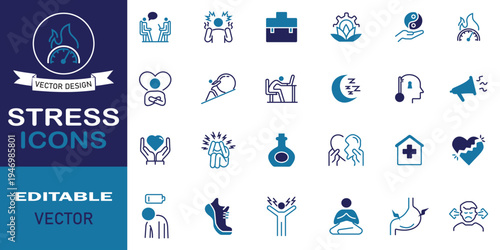 Stress line icon set symbol collection. Set of 24 icons including as relaxation, empathy, self‑care, emotional support, anxiety, meditation, relaxation and more. Solid vector illustration.