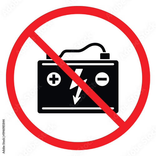 No Car Battery Icon Red Prohibition Symbol with Positive Negative Terminals Vector
