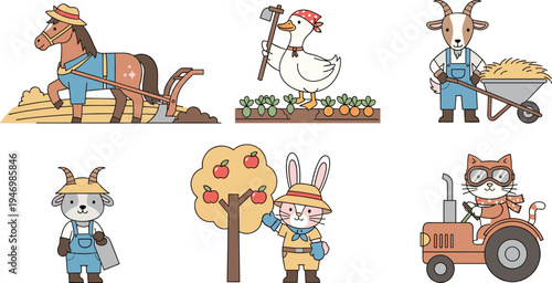 Adorable Farm Animal Collection with Horse, Goat, Rabbit, Duck, and Tractor, Perfect for Farm Designs, Agricultural Illustrations, and Kids' Decor
