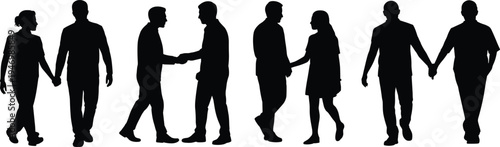 Six black silhouettes of pairs of people walking and shaking hands, vector illustration symbolizing human connection and social interaction