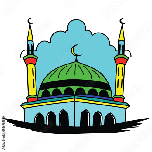 The image features a colorful illustration of a mosque with a dome and minarets, symbolizing Islamic architecture and spirituality. It represents a sacred place for worship and community, reflecting I