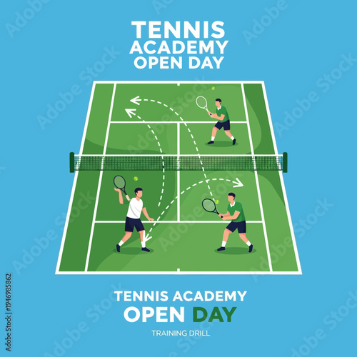 Illustrative Tennis Academy Open Day Depicting Dynamic Training Drills and Strategic Play