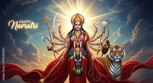 Goddess Durga Navratri Festival Illustration with Lotus Flowers and Golden Sunset Background