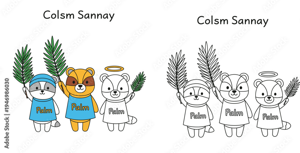 Fototapeta premium Adorable Cartoon Animals Celebrating Palm Sunday with Palm Fronds