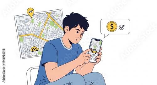 Man Using Phone with Map.