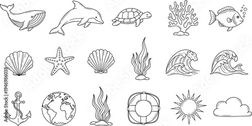 Collection of hand-drawn marine life and ocean elements in a simple line art style