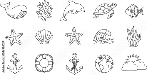 Collection of simple line art icons representing marine life and nautical elements