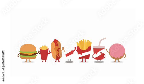 Cute fast food friends cartoon characters collection burger hot dog fries soda vector