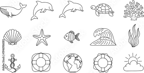 Collection of simple line art icons representing marine life and nautical elements