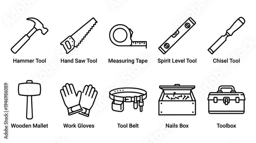 A clean icon set featuring various construction and DIY tools, perfect for websites, presentations, and educational materials related to building and repair.