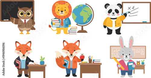 Cute Animal Teachers Collection with Owl, Lion, Panda, Fox, and Rabbit, Ideal for Educational Designs, School Illustrations, and Classroom Decor