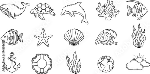 Collection of hand-drawn marine life and nautical elements in a simple outline style
