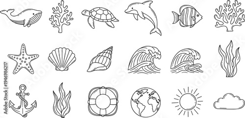 Collection of hand-drawn marine life and ocean elements in a simple line art style