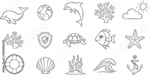 Collection of marine life and nautical icons in a simple line art style