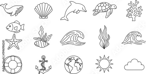 Collection of simple line art icons representing marine life and ocean elements