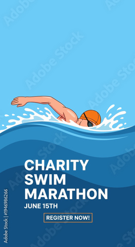 Inspiring Charity Swim Marathon Event Announcement With Dynamic Aquatic Theme and Vibrant Design