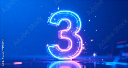 Neon Number 3 with Sparkles on Blue Background
