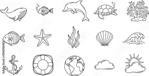Collection of hand-drawn marine life and nautical elements in a simple line art style