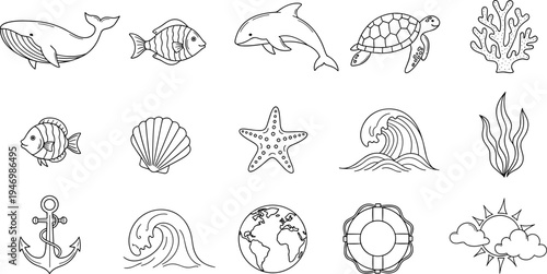 Collection of marine life and nautical elements in a simple line art style