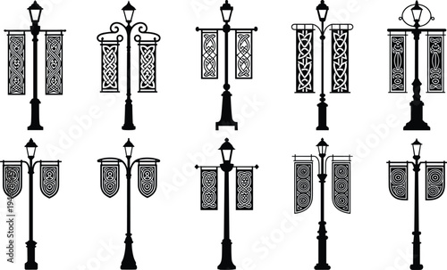 Street lamp silhouettes vector illustration, decorative urban design with banners, vintage artwork for cityscape, architecture, ornamental themes