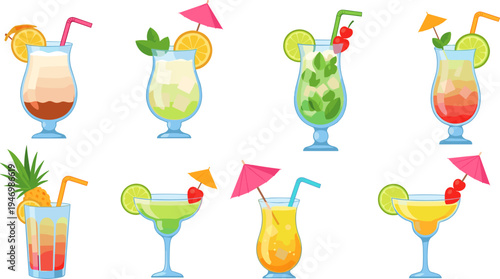 Colorful Tropical Cocktail Drinks Vector Set with Lime Orange Pineapple Mint and Umbrella Garnish Summer Beverage Illustration