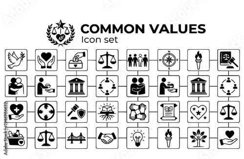 Common Values Icon Set Peace Compassion Charity Justice Unity Shared Principles Moral Foundations Universal Ethics Vector Illustration