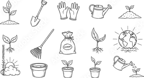 Gardening icons set for planting and growth, featuring tools and seedlings