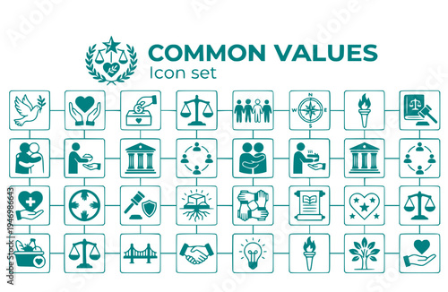Common Values Icon Set Peace Compassion Charity Justice Unity Shared Principles Moral Foundations Universal Ethics Vector Illustration