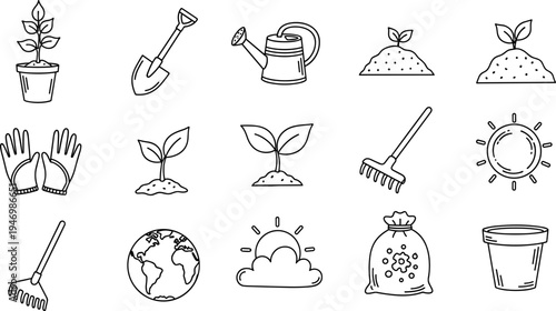 Collection of hand-drawn icons representing gardening tools and elements for planting and growth