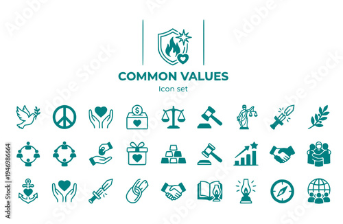 Common Values Icon Set Peace Compassion Charity Justice Unity Shared Principles Moral Foundations Universal Ethics Vector Illustration