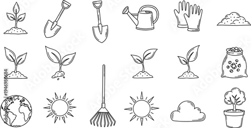 Collection of hand-drawn gardening icons and symbols for planting and growth
