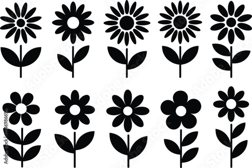 Stylized flower silhouettes vector illustration, floral artwork with unique petal and leaf designs, decorative botanical icon set for nature themes