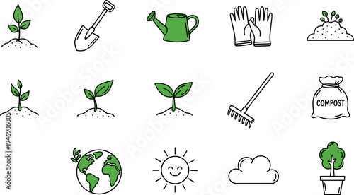 Gardening and nature icons representing growth, planting, and environmental care