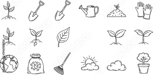 Doodle icons representing gardening and plant growth, perfect for nature and eco themes