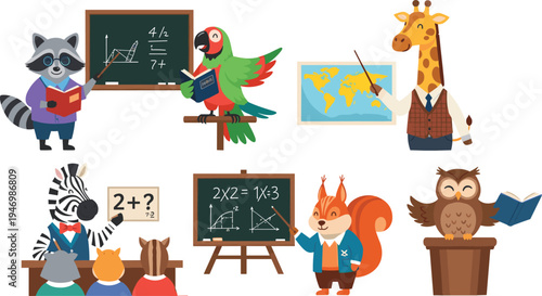Fun Classroom Animal Teachers Collection with Raccoon, Parrot, Giraffe, Zebra, Owl, and Squirrel, Ideal for Educational Designs and Kids' Illustrations